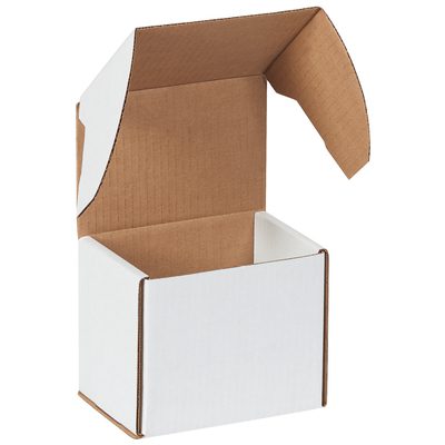 MEZ545.jpg The MH-USA White Outside Tuck Mailers (5 5/8 x 4 3/16 x 5) stand upright with open flaps, showcasing a brown corrugated interior contrasting the smooth exterior. Sold in bundles of 50, theyre ideal for secure and stylish packaging.