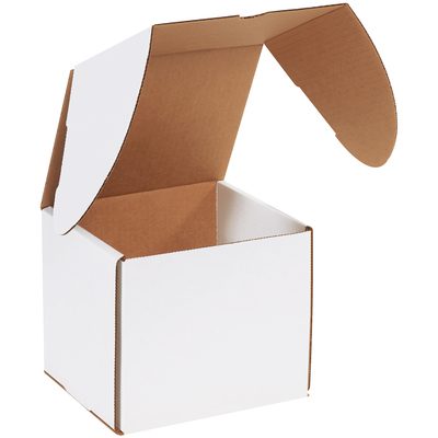 MEZ766.jpg An opened MH-USA 7 1/8 x 6 5/8 x 6 1/2 White Outside Tuck Mailer, featuring a brown interior, rests against a plain white background with its lid partially folded back.