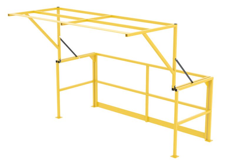 MEZZ-200-DW_A.jpg The Vestil Mezzanine Safety Double Wide Gate is a yellow industrial gate with foldable overhead bars, a railing system, and diagonal support rods, creating a secure barrier for platforms or loading areas.