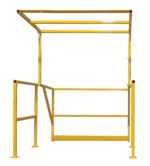 The Vestil Mezzanine Safety Gate 42 In Rail Height features a yellow canopy, stands freely, and is ideal for industrial use with horizontal rails and vertical supports to prevent falls or unauthorized access.
