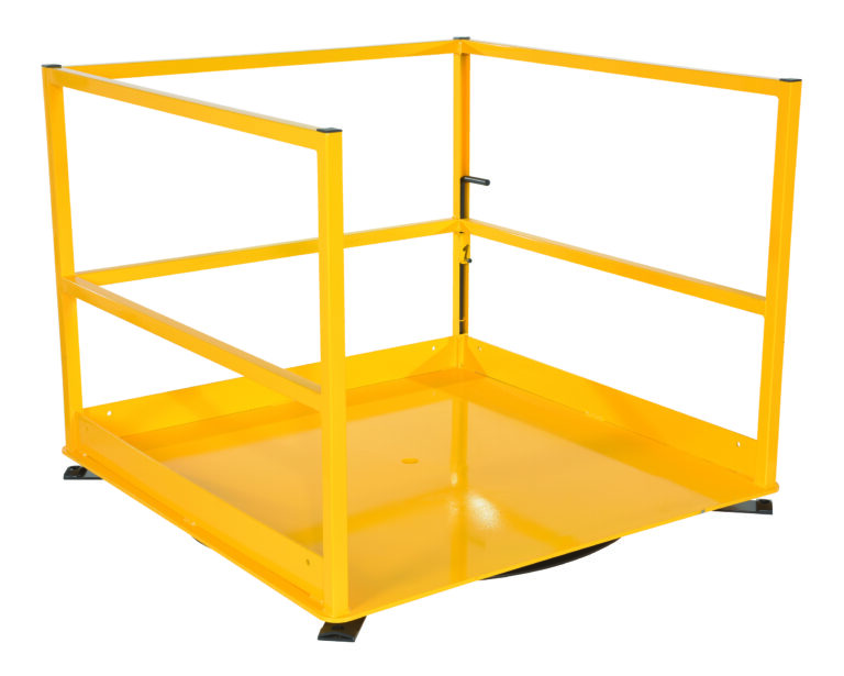 The Vestil Mezz Safety System Rotating 5K Cap features a yellow metal cage with a square base and railings on three sides, ideal for forklifts. It includes a lockable front door and smooth platform for seamless integration into your safety system.