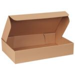 A sturdy, open Kraft Garment Mailer with attached lid, measuring 24 1/2 x 14 1/4 x 4 1/2, is shown empty against a white background. Ideal for packaging or storage, its sold in bundles of 25.