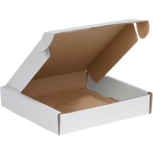 The open MH-USA 10 x 10 x 2 White Deluxe Literature Mailer features a clean white exterior and brown interior, with its lid partly ajar.