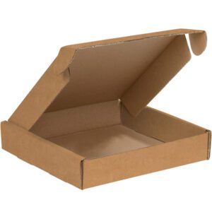 The 10 x 10 x 2 Kraft Deluxe Literature Mailer, resembling a pizza box, is displayed open with its lid partially ajar, showing the plain interior of brown corrugated cardboard, typical of takeout packaging.