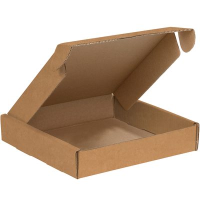 MFL10102K.jpg The 10 x 10 x 2 Kraft Deluxe Literature Mailer, resembling a pizza box, is displayed open with its lid partially ajar, showing the plain interior of brown corrugated cardboard, typical of takeout packaging.