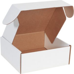 A plain MH-USA 10 x 10 x 4 White Deluxe Literature Mailer from a 50/bundle set is open with its lid up, showing the brown interior. Ideal for packaging or storage, it rests on a simple background highlighting its sturdy design.
