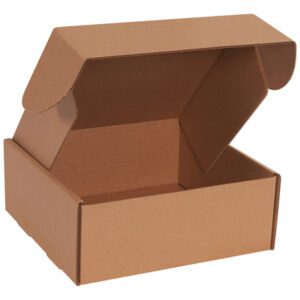 A 10 x 10 x 4 Kraft Deluxe Literature Mailer (50/Bundle) with unfolded flaps sits against a white background. Perfect for packaging or storage, this sturdy box keeps your items secure and organized.