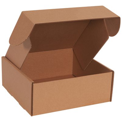 MFL10104K.jpg A 10 x 10 x 4 Kraft Deluxe Literature Mailer (50/Bundle) with unfolded flaps sits against a white background. Perfect for packaging or storage, this sturdy box keeps your items secure and organized.