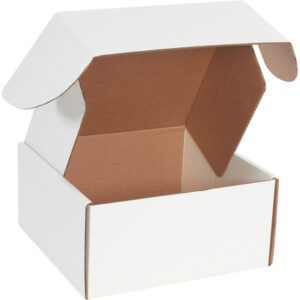 The MH-USA 10 x 10 x 5 White Deluxe Literature Mailer, with a partially folded lid revealing its brown interior, is ideal for organizing items and is displayed against a plain, light-colored background.