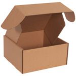 The 10 x 10 x 5 Kraft Deluxe Literature Mailer (50/Bundle) is open with side flaps ajar, revealing its spacious interior. Set against a plain white background, it highlights the cardboard boxs texture and simple rectangular shape.