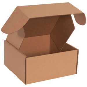 The 10 x 10 x 5 Kraft Deluxe Literature Mailer (50/Bundle) is open with side flaps ajar, revealing its spacious interior. Set against a plain white background, it highlights the cardboard boxs texture and simple rectangular shape.