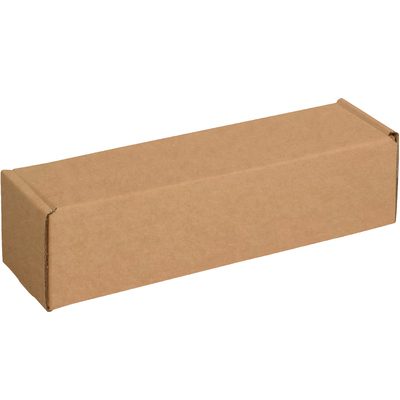 MFL1044K.jpg A long, brown rectangular cardboard box with closed flaps, labeled as a 10 x 4 x 4 Kraft Deluxe Literature Mailer (50/Bundle), is placed against a white background.