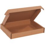 A brown, open cardboard box with a lid on a white background resembles the Kraft Deluxe Literature Mailer, measuring 10 x 8 x 1 1/2 and sold in bundles of 50.
