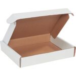 An open, empty MH-USA 11 1/8 x 8 3/4 x 2 White Deluxe Literature Mailer, with a brown interior and partially open lid, rests on a plain white background.