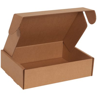 MFL1183K.jpg 11 1/8 x 8 3/4 x 3 open brown Kraft Deluxe Literature Mailers, empty with a flip-top lid, displayed against a white background. Ideal for packaging or shipping small items, sold in bundles of 50.