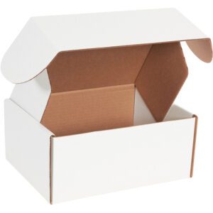 An open MH-USA 11 1/8 x 8 3/4 x 5 White Deluxe Literature Mailer, with a white exterior and brown interior, features neatly folded side and top flaps. The empty box is displayed against a plain white background.