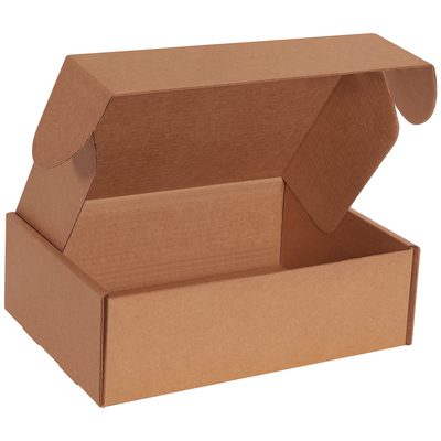 MFL12104K.jpg A 12 x 10 x 4 Kraft Deluxe Literature Mailer (50/Bundle), with a tuck-in flap lid and side flaps, rests against a plain white background.