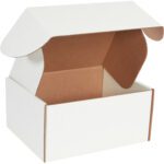 Open white cardboard box with a brown interior, partially lifted lid, and side flaps. Like an MH-USA 12 x 10 x 6 White Deluxe Literature Mailer (50/Bundle), its angled to reveal a spacious interior and clean design.