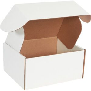 Open white cardboard box with a brown interior, partially lifted lid, and side flaps. Like an MH-USA 12 x 10 x 6 White Deluxe Literature Mailer (50/Bundle), its angled to reveal a spacious interior and clean design.