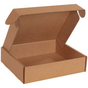 A 12 x 11 x 3 Kraft Deluxe Literature Mailer (50/Bundle) stands empty with flaps up on a white background, ideal for packaging or shipping small items.