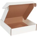 A partially open MH-USA 12 x 12 x 3 White Deluxe Literature Mailer with a brown interior and hinged lid reveals its spacious emptiness. This pristine cardboard box is ideal for organizing and shipping, set against a plain white background.