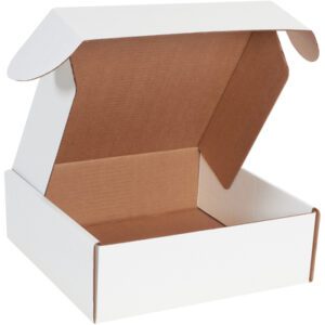 The MH-USA 12 x 12 x 4 White Deluxe Literature Mailers (50/Bundle) are open cardboard boxes with a brown interior, hinged lid, and flaps, ideal for organizing your mailing needs.