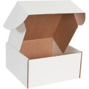 The open MH-USA 12 x 12 x 6 White Deluxe Literature Mailer stands with flaps upwards, showcasing its roomy brown interior. Its spacious and simple design is perfect for various needs.