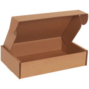 A 12 x 8 x 2 3/4 Kraft Deluxe Literature Mailer, seen from the front side, displays a simple yet sturdy interior ideal for packaging and shipping. These mailers come in bundles of 50 for convenience and reliability.
