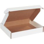 An open, empty MH-USA 12 1/8 x 9 1/4 x 2 White Deluxe Literature Mailer with a white exterior and brown interior is displayed. The partially open lid reveals its clean design, perfect for packaging or shipping. Comes in a bundle of 50, ideal for all your mailing needs.