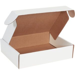 This MH-USA 12 1/8 x 9 1/4 x 3 White Deluxe Literature Mailer, part of a bundle of 50, features a brown interior, flaps, and is displayed open from the front on a plain white background.