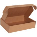The 12 1/8 x 9 1/4 x 3 Kraft Deluxe Literature Mailer, viewed slightly angled to show its interior and partially open lid with flaps, is perfect for packaging or shipping. Available in bundles of 50.