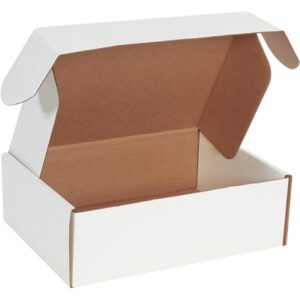 The MH-USA 12 1/8 x 9 1/4 x 4 White Deluxe Literature Mailer, sold in bundles of 50, is pictured with flaps folded outward to reveal its spacious brown interior.
