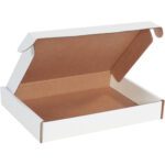 The open, empty pizza box, resembling the MH-USA 13 x 10 x 2 White Deluxe Literature Mailers (50/Bundle), is made from brown cardboard with a sleek white exterior. The lid is ajar, revealing its interior against a plain white backdrop.