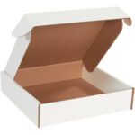 An empty MH-USA 13 x 13 x 3 White Deluxe Literature Mailer with a brown interior and open lid is pictured against a plain background. It comes in a convenient bundle of 50.