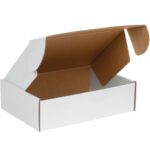 The MH-USA 14 x 10 x 4 White Deluxe Literature Mailer, with its white exterior and brown interior, is shown partially open against a white background. Perfect for secure and stylish shipping needs, its available in bundles of 50.
