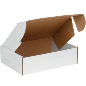 The MH-USA 14 x 10 x 4 White Deluxe Literature Mailer, with its white exterior and brown interior, is shown partially open against a white background. Perfect for secure and stylish shipping needs, its available in bundles of 50.