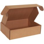 This brown rectangular 14 x 10 x 4 Kraft Deluxe Literature Mailer is perfect for shipping or storage. Sold in bundles of 50, its sturdy design ensures secure delivery of your items against a plain white background, with open flaps on an empty cardboard box.