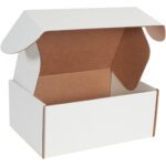 An open MH-USA 14 x 10 x 6 White Deluxe Literature Mailer with a brown interior and wide flaps sits against a white backdrop, showcasing its elegance and functionality for versatile mailing.