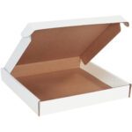 An open, empty MH-USA 14 x 14 x 2 white deluxe literature mailer with a brown interior is partially raised, showcasing the pristine inside. Perfect for more than just pizzas, it serves as a versatile mailer against a plain white background.