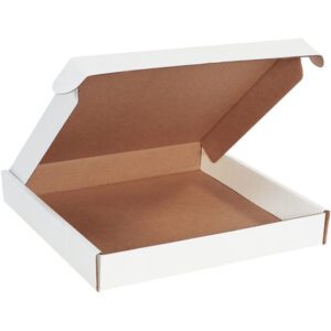 An open, empty MH-USA 14 x 14 x 2 white deluxe literature mailer with a brown interior is partially raised, showcasing the pristine inside. Perfect for more than just pizzas, it serves as a versatile mailer against a plain white background.