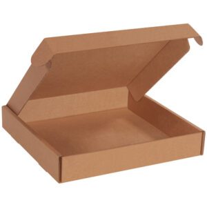 The open brown cardboard pizza box resembles a 14 x 14 x 2 Kraft Deluxe Literature Mailer, with its partially tilted lid revealing an empty interior. Positioned at an angle, it showcases the minimalist square design typical of those shipped in bundles of fifty.