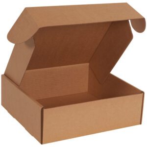 A 14 x 14 x 4 Kraft Deluxe Literature Mailer (50/Bundle), crafted from standard corrugated material, is displayed open with a flap lid against a white background, showcasing its sturdy sides.