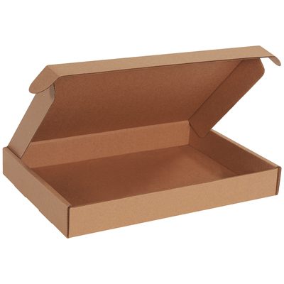 MFL15112K.jpg Displayed against a plain background, the 15 1/8 x 11 1/8 x 2 Kraft Deluxe Literature Mailer (50/Bundle) is a brown rectangular cardboard box with a flip-top lid, showcasing its empty, simple, and sturdy design perfect for packaging or storage.