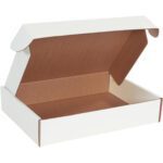 The MH-USA White Deluxe Literature Mailer (15 1/8 x 11 1/8 x 3, Brown Interior) features a sleek design with a spacious compartment for packaging. Sold in bundles of 50, these mailers provide secure deliveries every time.