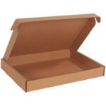 A 16 x 12 x 2 Kraft Deluxe Literature Mailer is shown open and empty, featuring a hinged lid against a white background. Designed for packaging or shipping, the plain cardboard box comes in a practical bundle of 50.