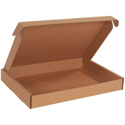 MFL16122K.jpg A 16 x 12 x 2 Kraft Deluxe Literature Mailer is shown open and empty, featuring a hinged lid against a white background. Designed for packaging or shipping, the plain cardboard box comes in a practical bundle of 50.