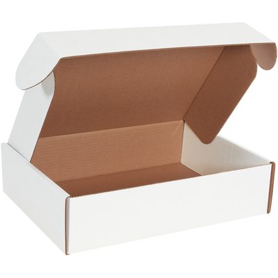 MFL16124.jpg Angled view of an open MH-USA 16 x 12 x 4 White Deluxe Literature Mailer, featuring a brown interior.