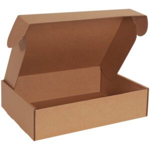 The 16 x 12 x 4 Kraft Deluxe Literature Mailer (50/Bundle) offers a spacious interior with side flaps, ideal for packaging or storage when opened.