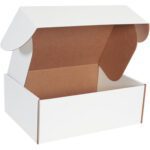 The MH-USA 16 x 12 x 6 White Deluxe Literature Mailer (25/Bundle) with extended side flaps displays its plain brown interior, set against a white background to emphasize its minimalist design.