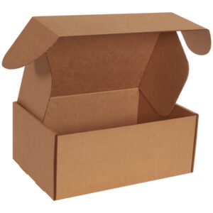 A 16 x 12 x 6 Kraft Deluxe Literature Mailer with an open lid and plain brown texture awaits its contents. It features outward-sticking side flaps for easy assembly and comes in a convenient bundle of 25.